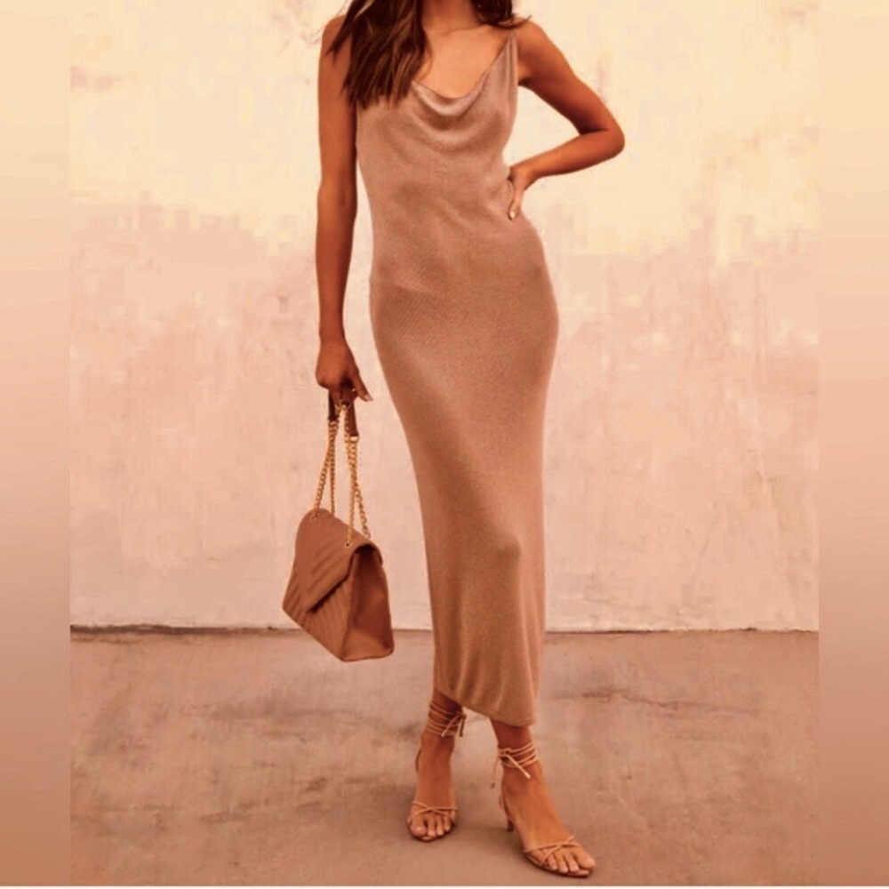 Vici shimmer taupe long dress Drape cowl neckline NEW SALE Re $69 *See matching - Picture 12 of 12